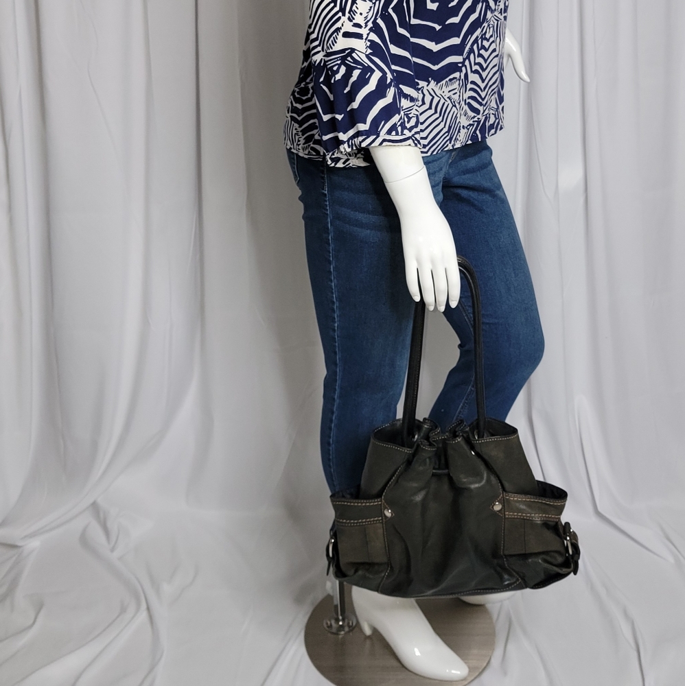 FOSSIL MEDIUM GRAY BLACK LEATHER HOBO SHOULDER BAG PURSE